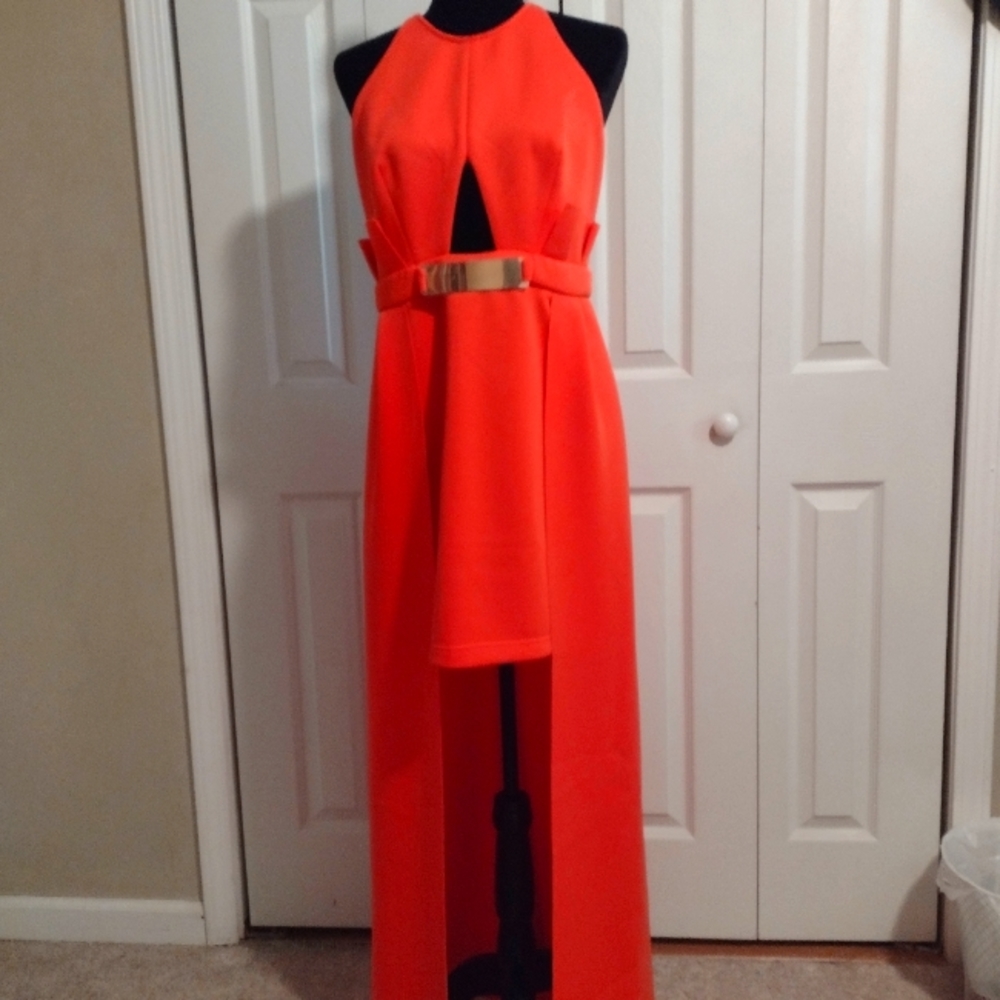 ASOS Bright Orange Halter High-Low Maxi Dress with Gold Belt